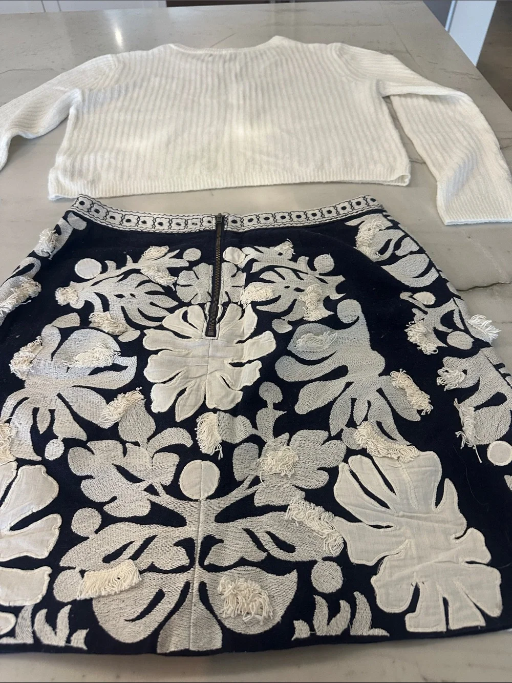 Maeve Navy Mini Skirt with White Floral Embroidery & Knit Sweater Set